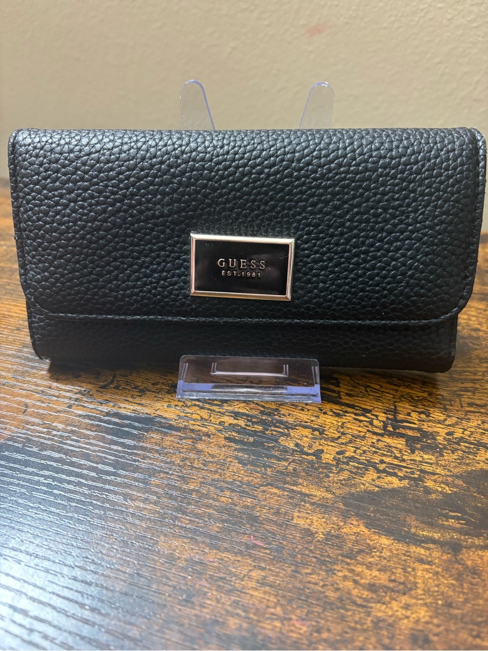 Guess Black Pebbled Leather Wallet with Gold Accent Plate